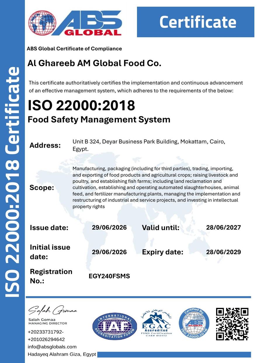 ISO 22000:2018 Certificate — Al Ghareeb AM Global Food Co.
