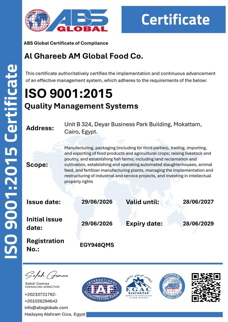 ISO 9001:2015 Certificate — Al Ghareeb AM Global Food Co.
